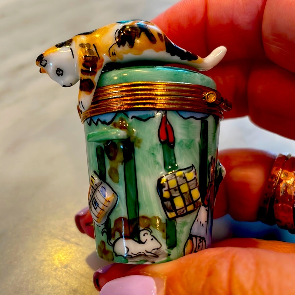 Limoges Calico Kitty on Trash Can